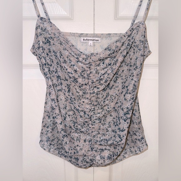 Reformation Kynlee sheer knit mesh floral Ruched Camisole top. Size Small - Picture 11 of 13